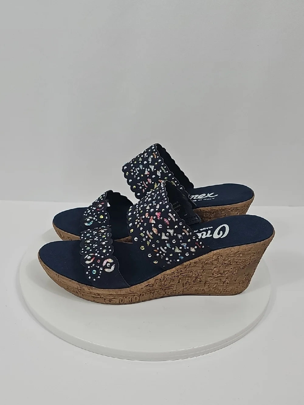 NIB Onex Oppal Beaded Cork Wedge Slides Rhinestone Laser Cut Navy Blue 9